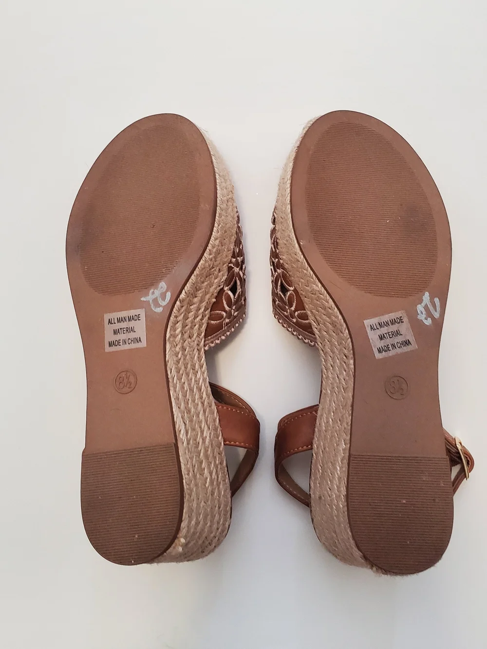 Soda Espadrille Wedges Tan Ankle Strap and White Flora Size 8½